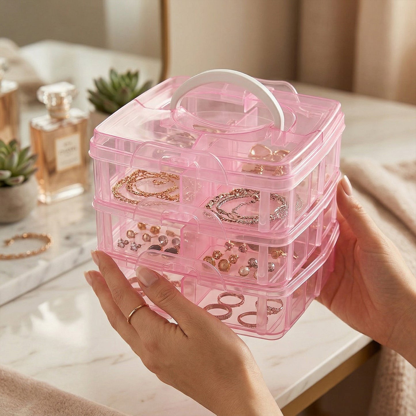 3-Tier 18 Sections Transparent Stackable Adjustable Compartment Slot Plastic Craft Storage Box
