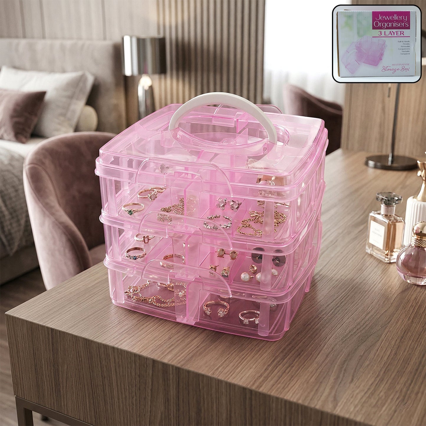 3-Tier 18 Sections Transparent Stackable Adjustable Compartment Slot Plastic Craft Storage Box