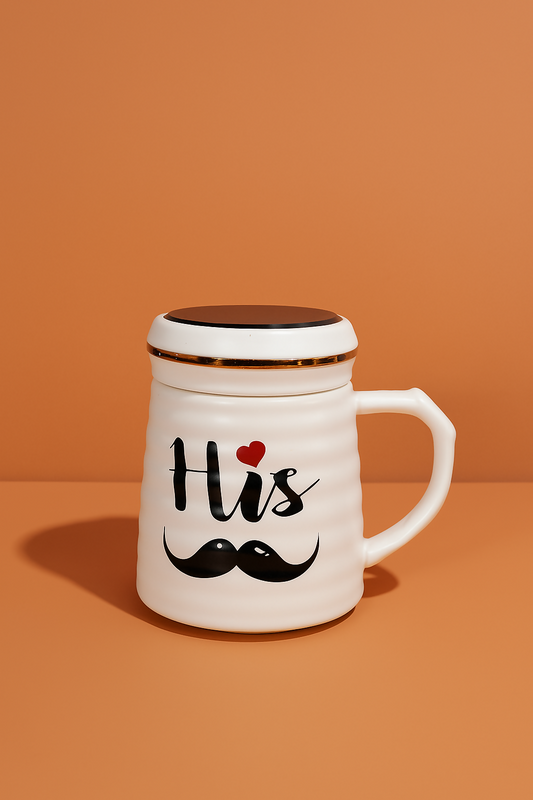 Stylish White Ceramic "His" Coffee Mug with Mustache Print and Lid