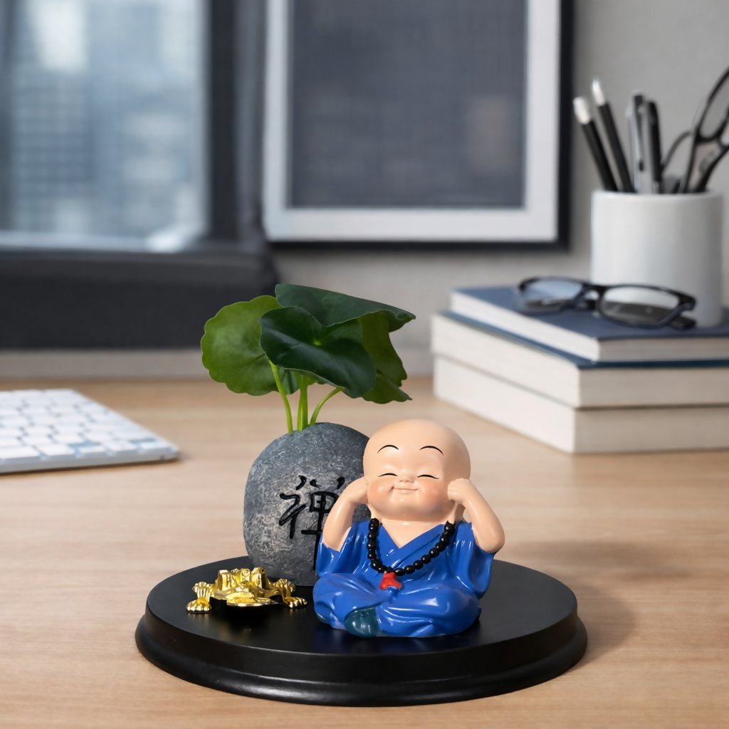 Zen Monk Showpiece with Lucky Money Frog & Mini Planter â€” Home & Office Decor(ANY COLOR)