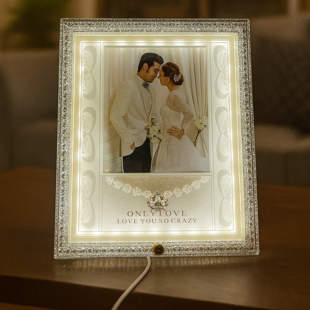 Square White LED Wedding Photo Frame | Elegant Crystal Design with Glowing White Lights | 4x6 Inch Couple Picture Frame | Romantic Gift for Wedding, Anniversary, Valentineâ€™s Day & Home Decoration
