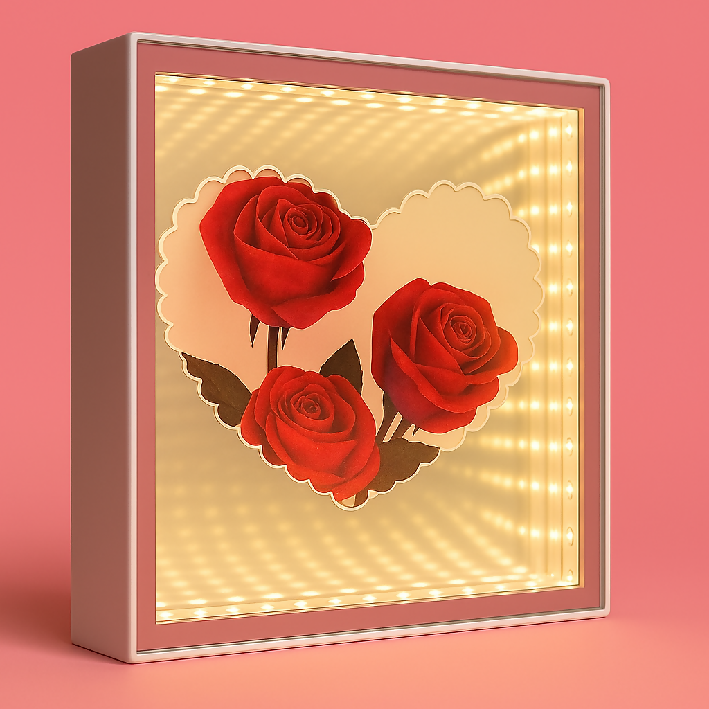 LED Rose Infinity Mirror Light Box | Romantic 3D LED Illusion Heart Shaped Rose Lamp | Decorative Tabletop Night Light for Bedroom, Living Room & Gifts | Valentineâ€™s Day, Anniversary, Wedding, Home DÃ©cor
