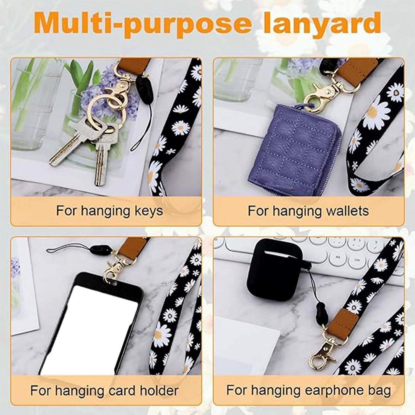 Floral Print Neck Lanyard Strap with Clip Hook & Mobile String (1 Pc)