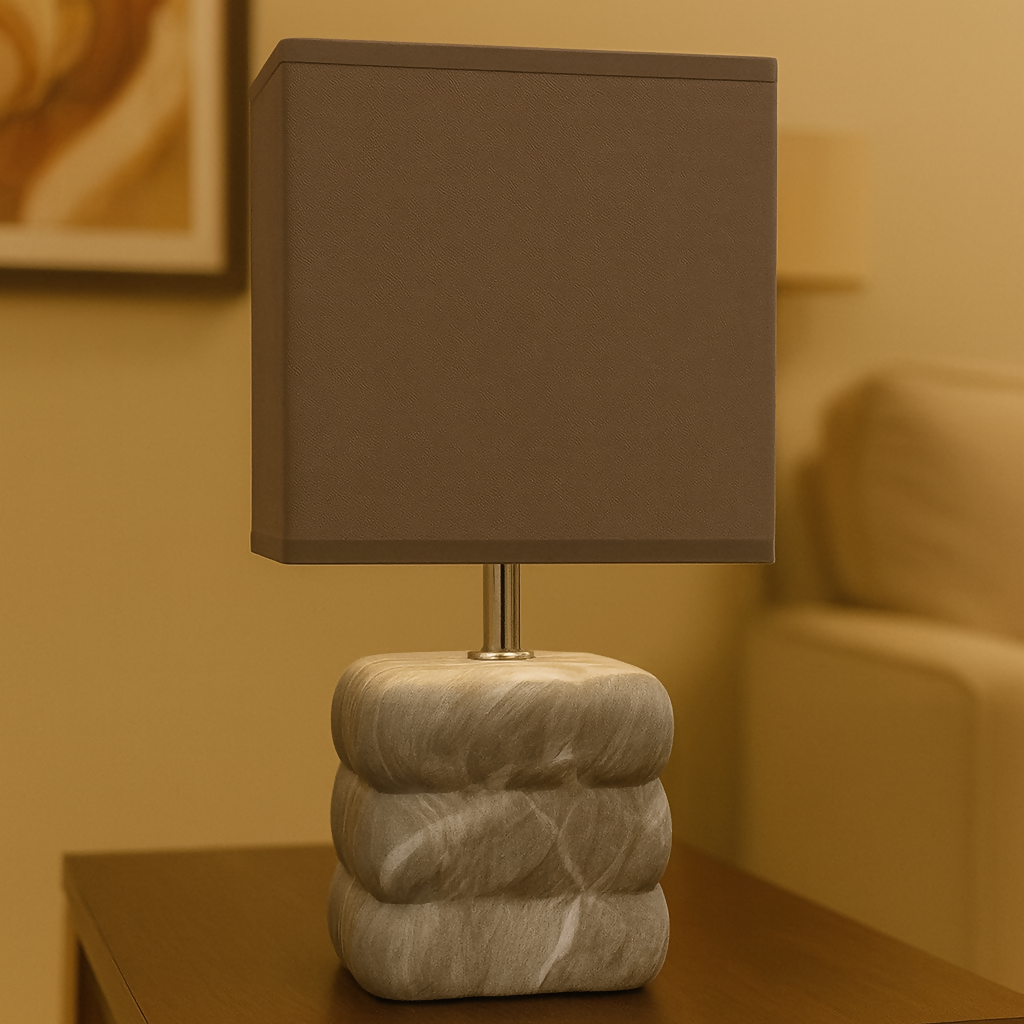 Modern Textured Grey Ceramic Table Lamp with Round Fabric Shade & Minimalist Metal Detailing | Luxury Bedside, Living Room & Study Night Lamp | Soft Ambient Lighting Decorative Home DÃ©cor Piece