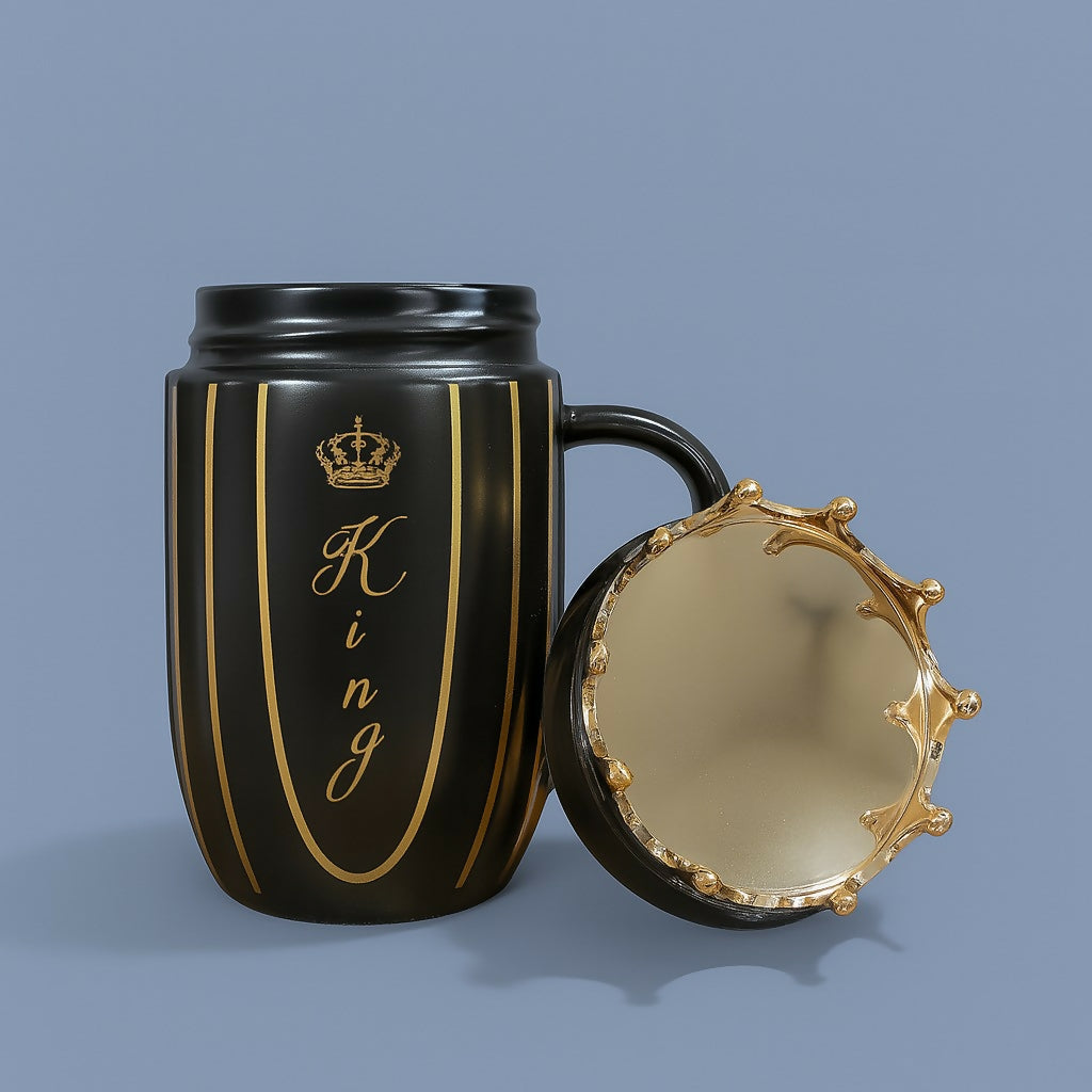 King Crown Black Ceramic Coffee Mug with Golden Stripes and Royal Lid