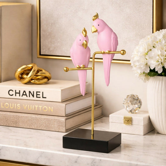 Pink Love Birds Decorative poly-resin Showpiece with Gold Stand for Home DÃ©cor