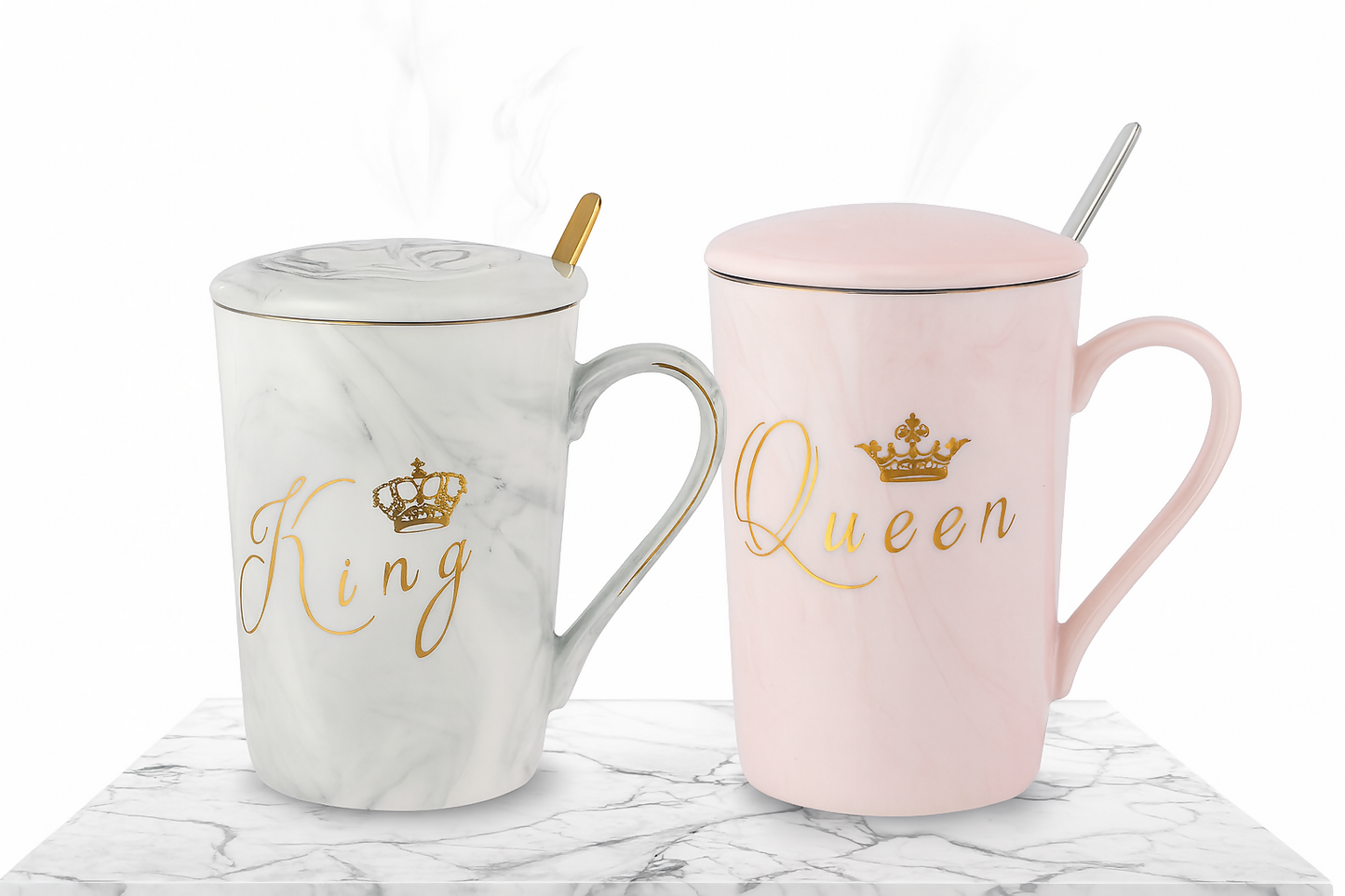 King & Queen Coffee Mug Set with Lids & Spoons | Marble Ceramic Cups for Couples | Luxury Gold Crown Print Tea & Coffee Mug Gift Set for Anniversary, Wedding, Valentineâ€™s Day, Husband & Wife