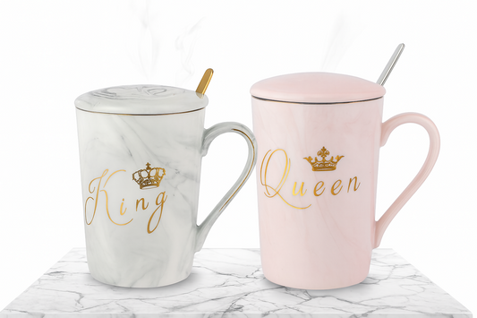 King & Queen Coffee Mug Set with Lids & Spoons | Marble Ceramic Cups for Couples | Luxury Gold Crown Print Tea & Coffee Mug Gift Set for Anniversary, Wedding, Valentineâ€™s Day, Husband & Wife