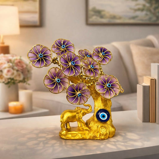 Golden Decorative Tree Showpiece with Elephant Figurine for Home DÃ©cor (Color May Vary)