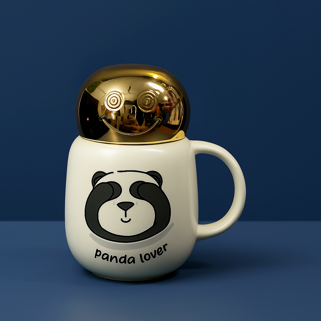 Cute Panda Ceramic Coffee Mug with Golden Lid â€“ â€œI Hate Morningsâ€ Design