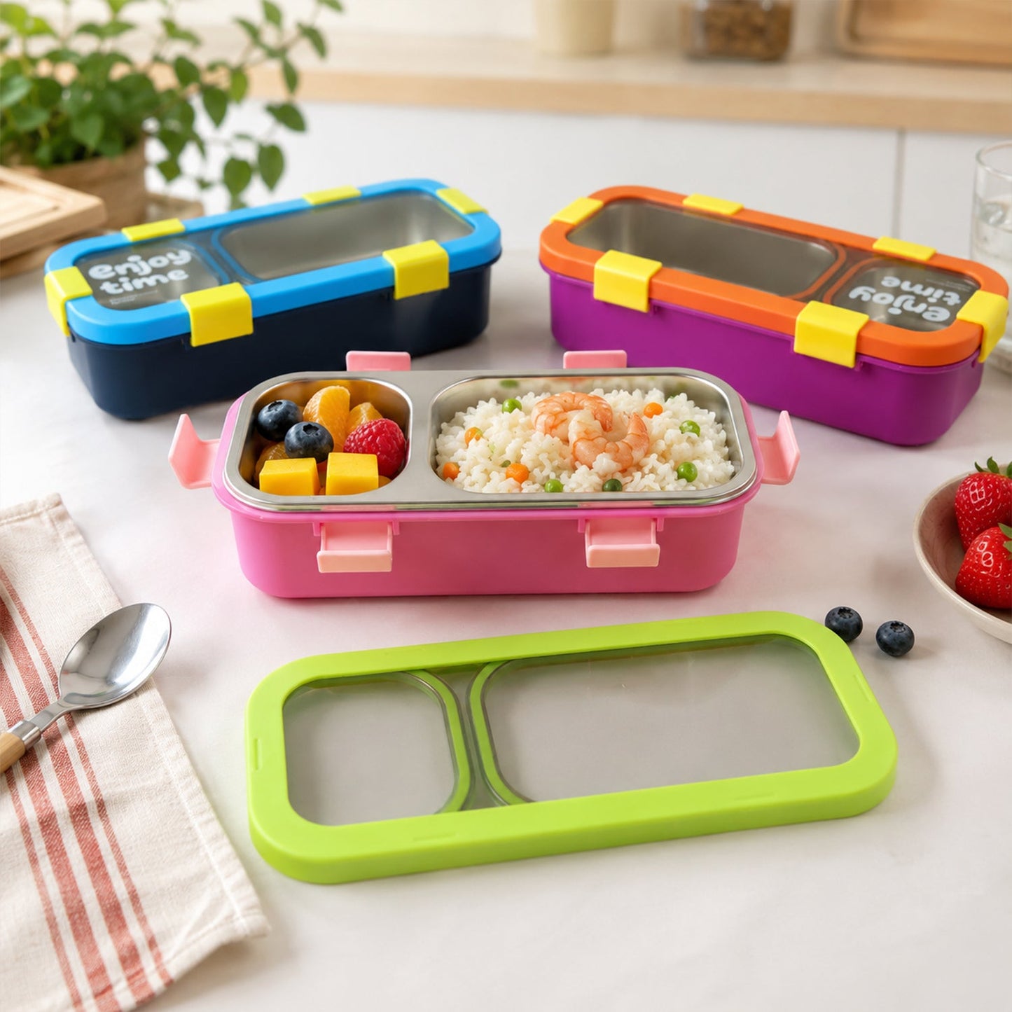 Stainless Steel Leak-Proof Lunch Box with 2 Compartments With Spoon & fork