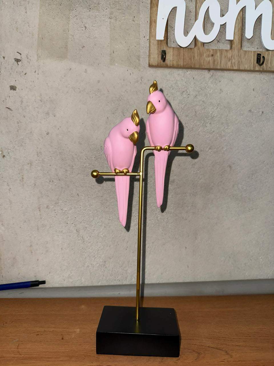 Pink Love Birds Decorative poly-resin Showpiece with Gold Stand for Home DÃ©cor