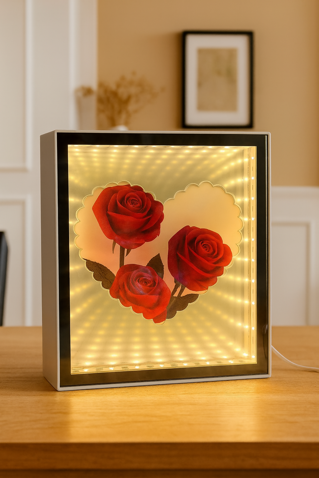 LED Rose Infinity Mirror Light Box | Romantic 3D LED Illusion Heart Shaped Rose Lamp | Decorative Tabletop Night Light for Bedroom, Living Room & Gifts | Valentineâ€™s Day, Anniversary, Wedding, Home DÃ©cor