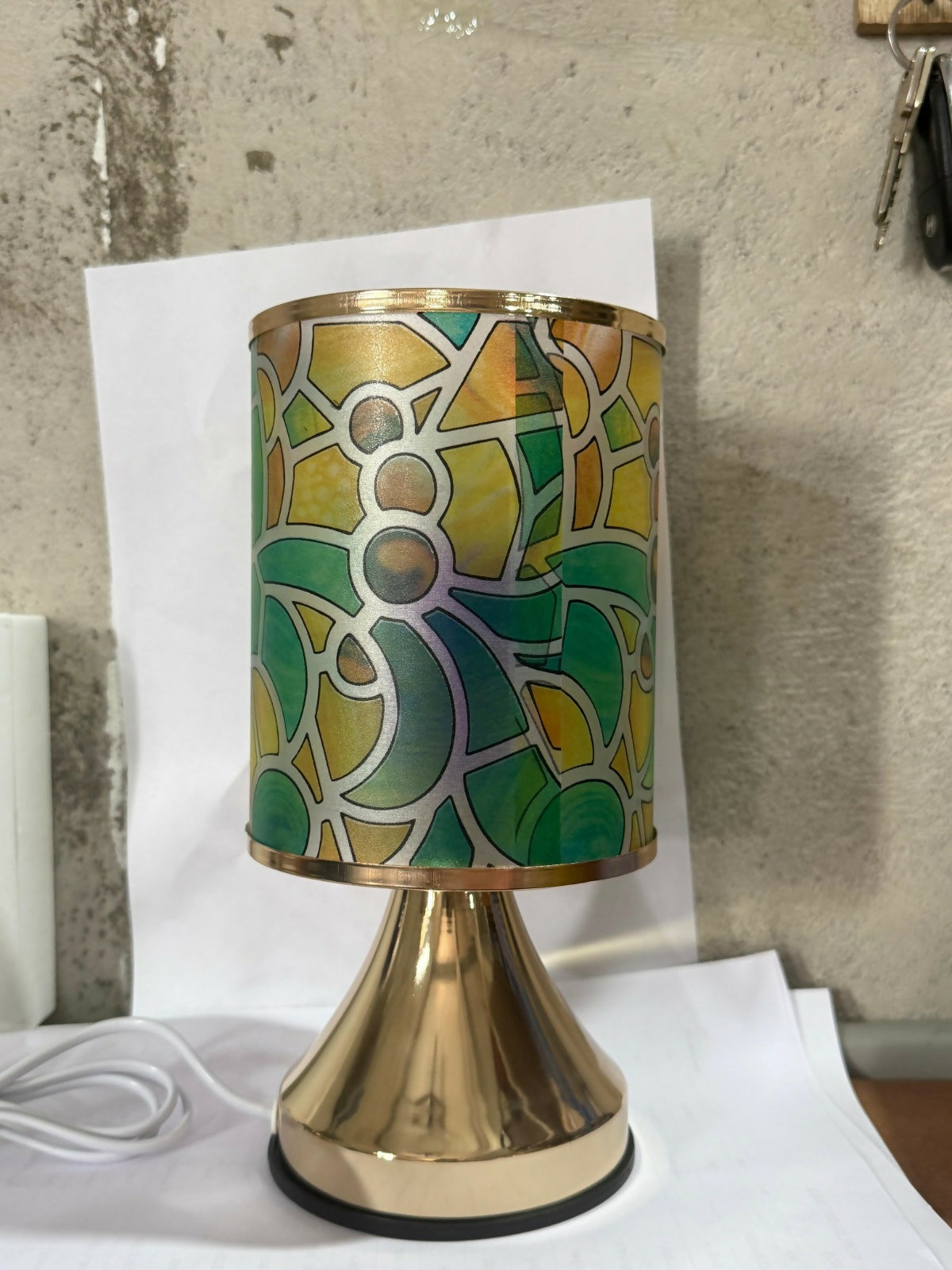 Premium Designer Printed LED Table Lamp for Home DÃ©cor | Artistic Pattern Fabric Shade with Golden Base | Soft Ambient Night Lamp for Bedroom, Living Room, Study & Gifting | Energy Efficient Warm Light