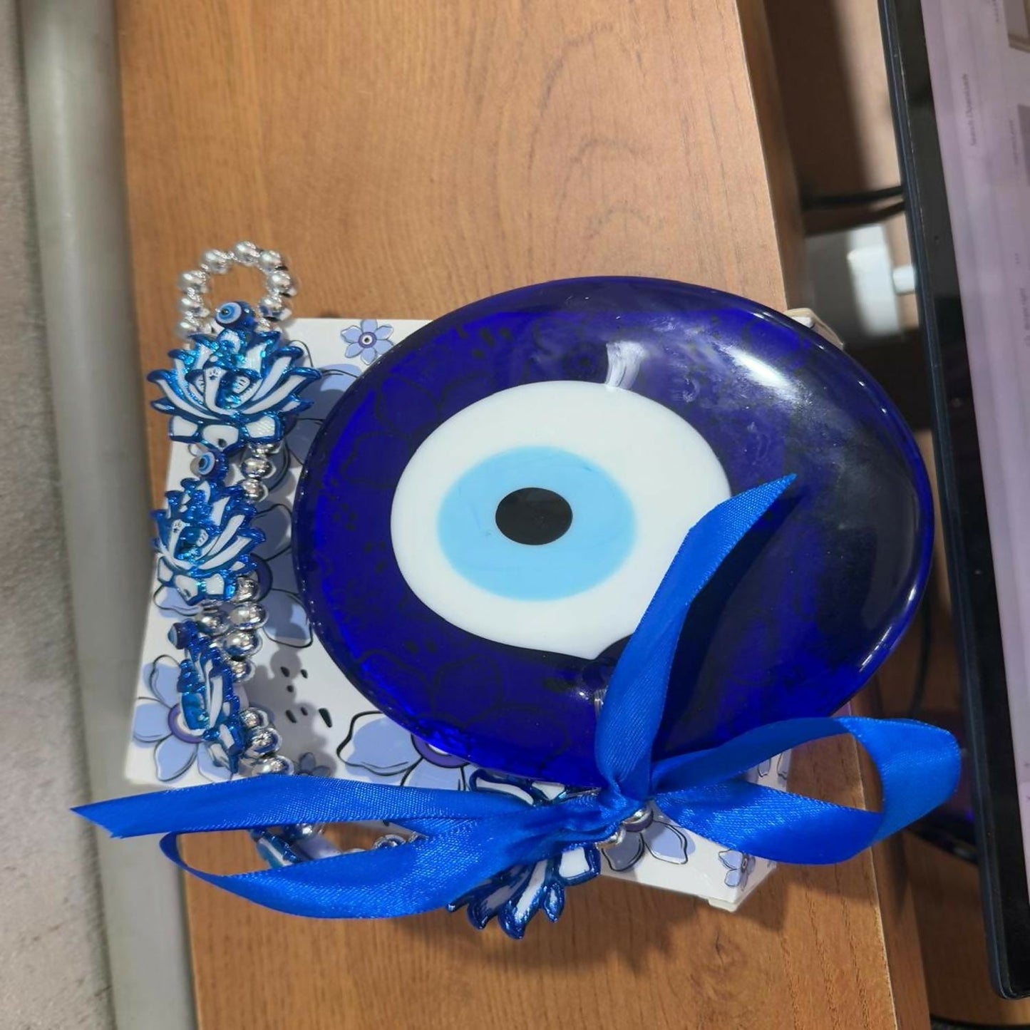 Evil Eye Wall Hanging with Blue Lotus & Om Nazar Battu for Home Office Car Decor