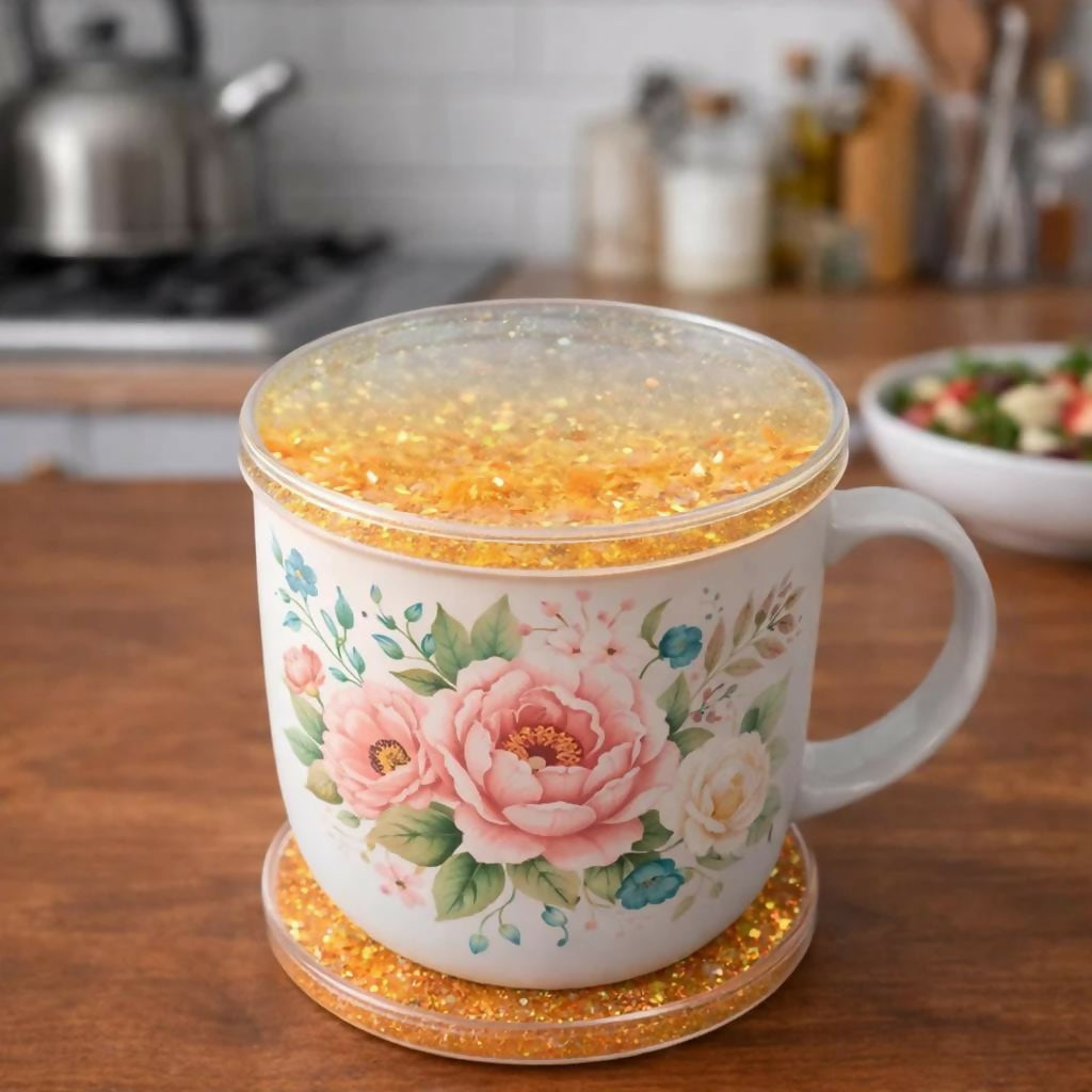 Yellow Glitter Resin Cup Lid and Coaster Set for Mug Cover