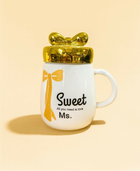 Sweet Ms. Ceramic Mug with Golden Bow Lid â€“ Gift Mug for Women