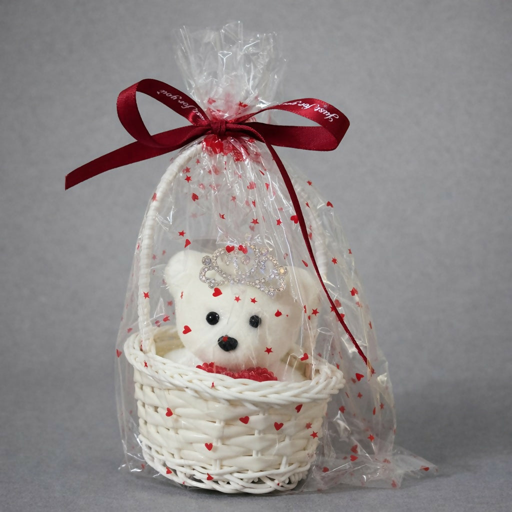 White Cute Teddy Basket Gift Set with Crown Decorative Showpiece
