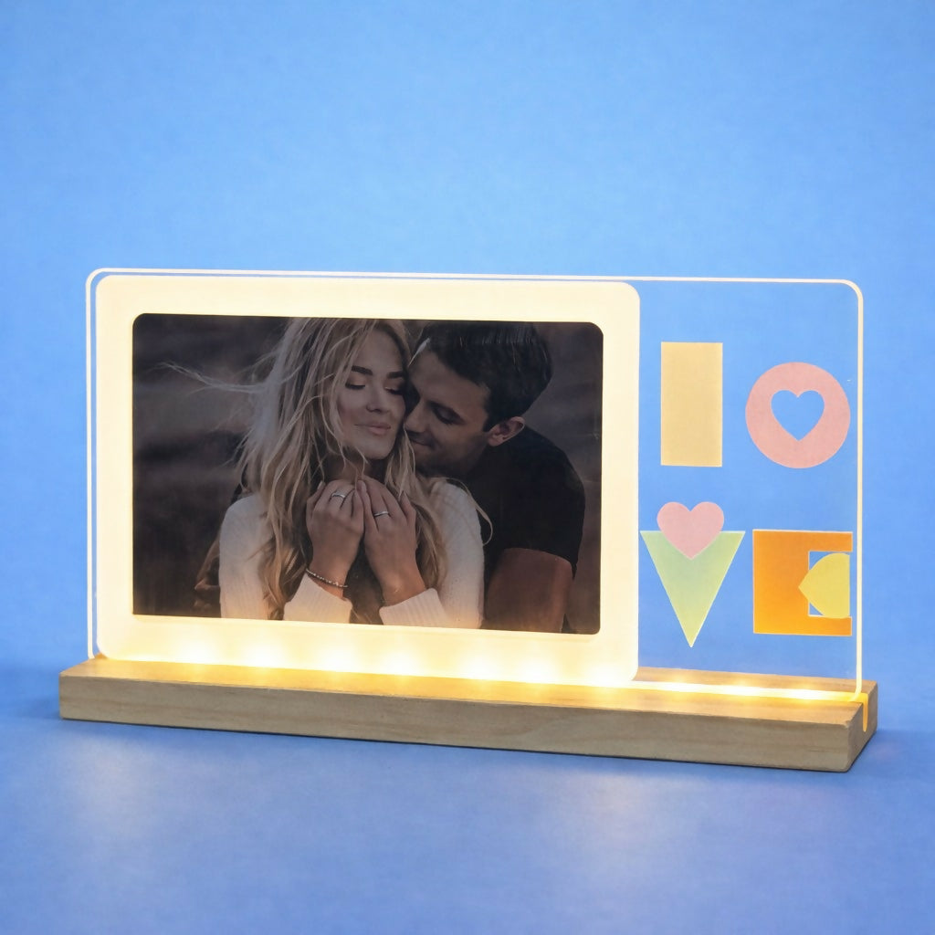 LED Love Photo Frame Lamp with Wooden Base Romantic Decor