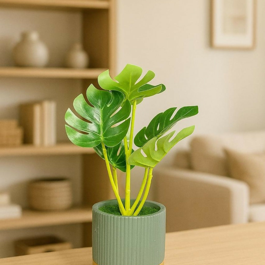 Artificial Monstera Leaf Tabletop Plant with Decorative Pot for Home DÃ©cor