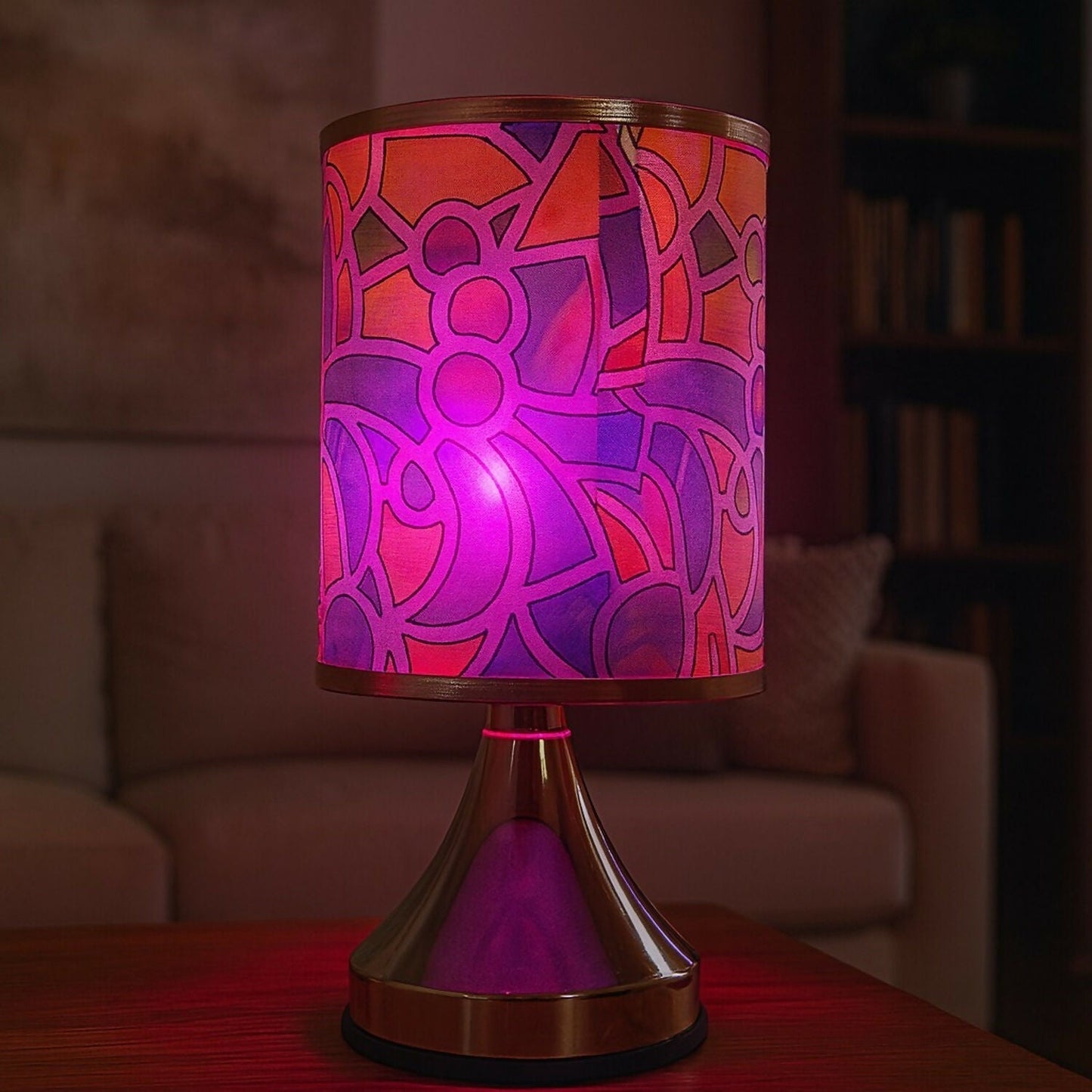Premium Designer Printed LED Table Lamp for Home DÃ©cor | Artistic Pattern Fabric Shade with Golden Base | Soft Ambient Night Lamp for Bedroom, Living Room, Study & Gifting | Energy Efficient Warm Light