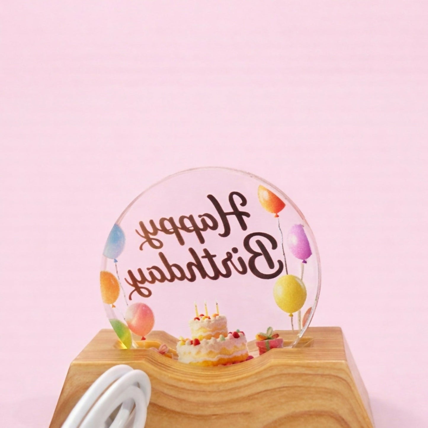 LED Happy Birthday Acrylic Night Lamp with Wooden Base Decor