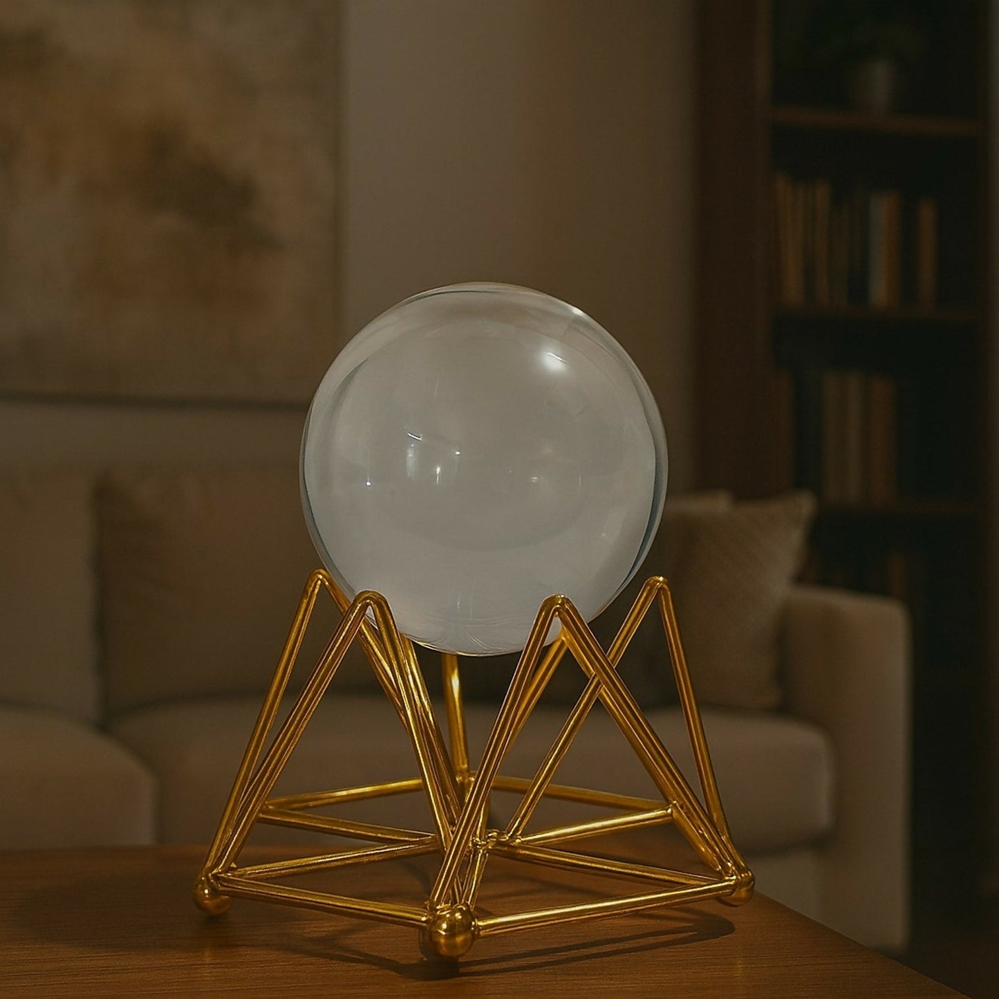 Decorative Crystal Ball with Premium Golden Geometric Stand for Home Office Desk | Clear Glass Sphere Showpiece for Table Decoration, Vastu, Meditation, Feng Shui, Gifting | Modern Luxury Home DÃ©cor Ornament