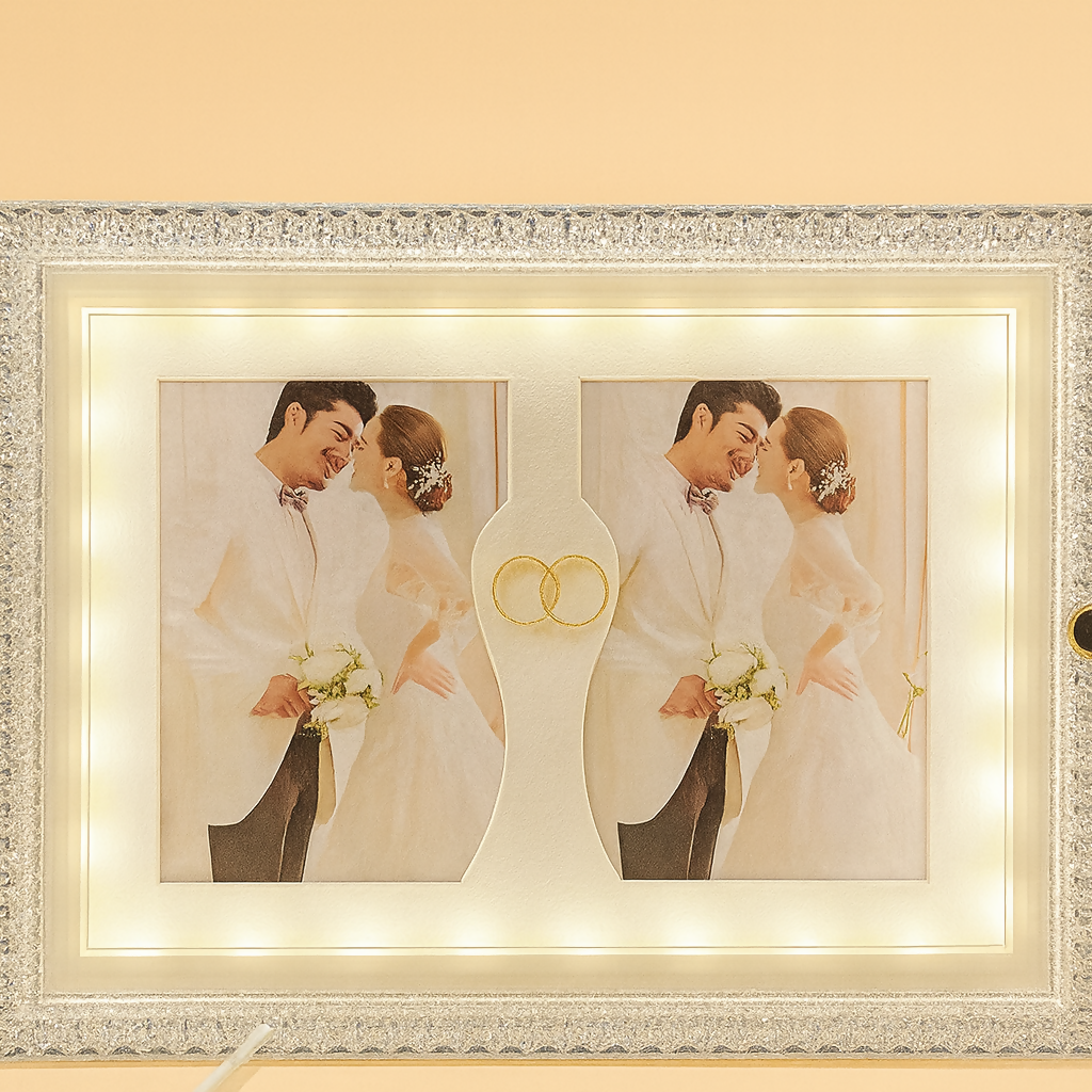 Crystal LED Wedding Photo Frame with Double Photo Slots & Golden Ring Symbol | Sparkling Diamond Border Light-Up Frame for Couple Portraits | Anniversary, Engagement & Romantic Gift Home DÃ©cor