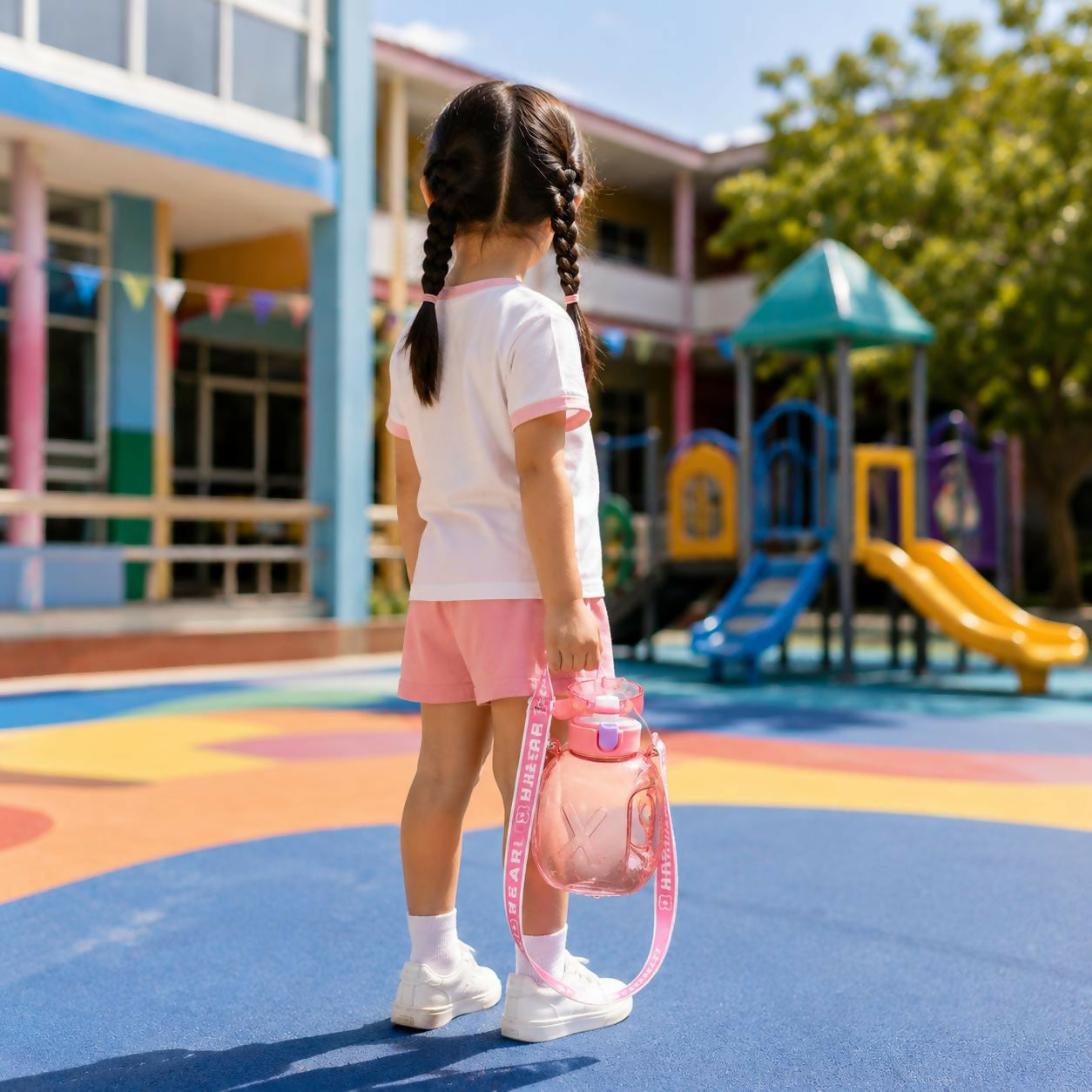 Kids Bear Shape Water Bottle with Straw & Adjustable Sling Strap