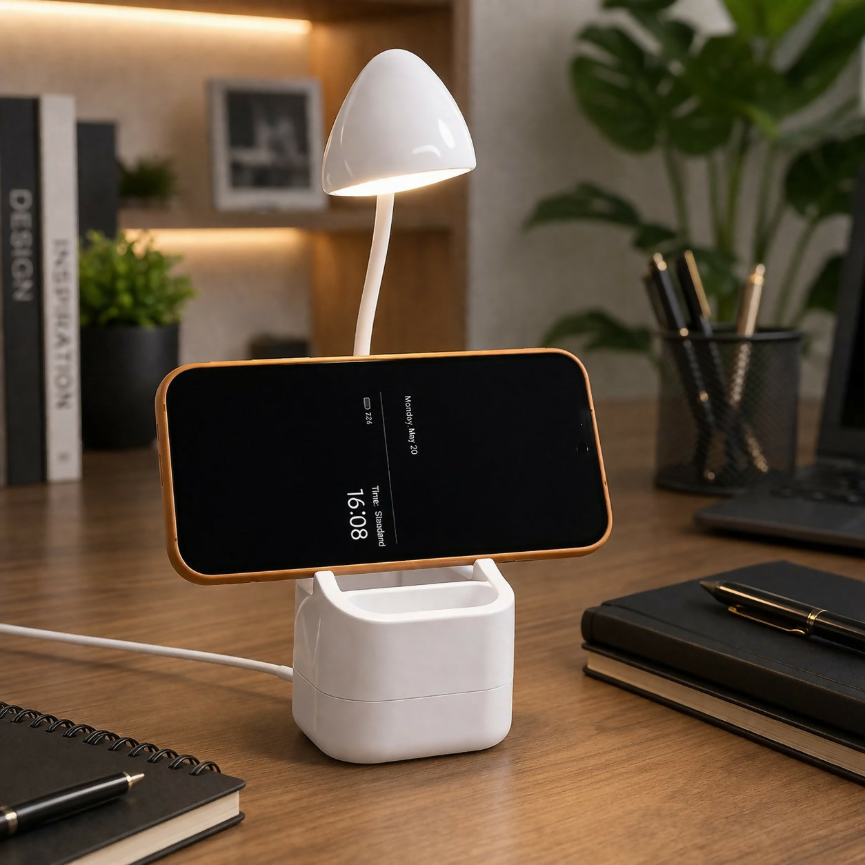 White LED Desk Lamp with Mobile Stand & Pen Holder, USB Charging Light
