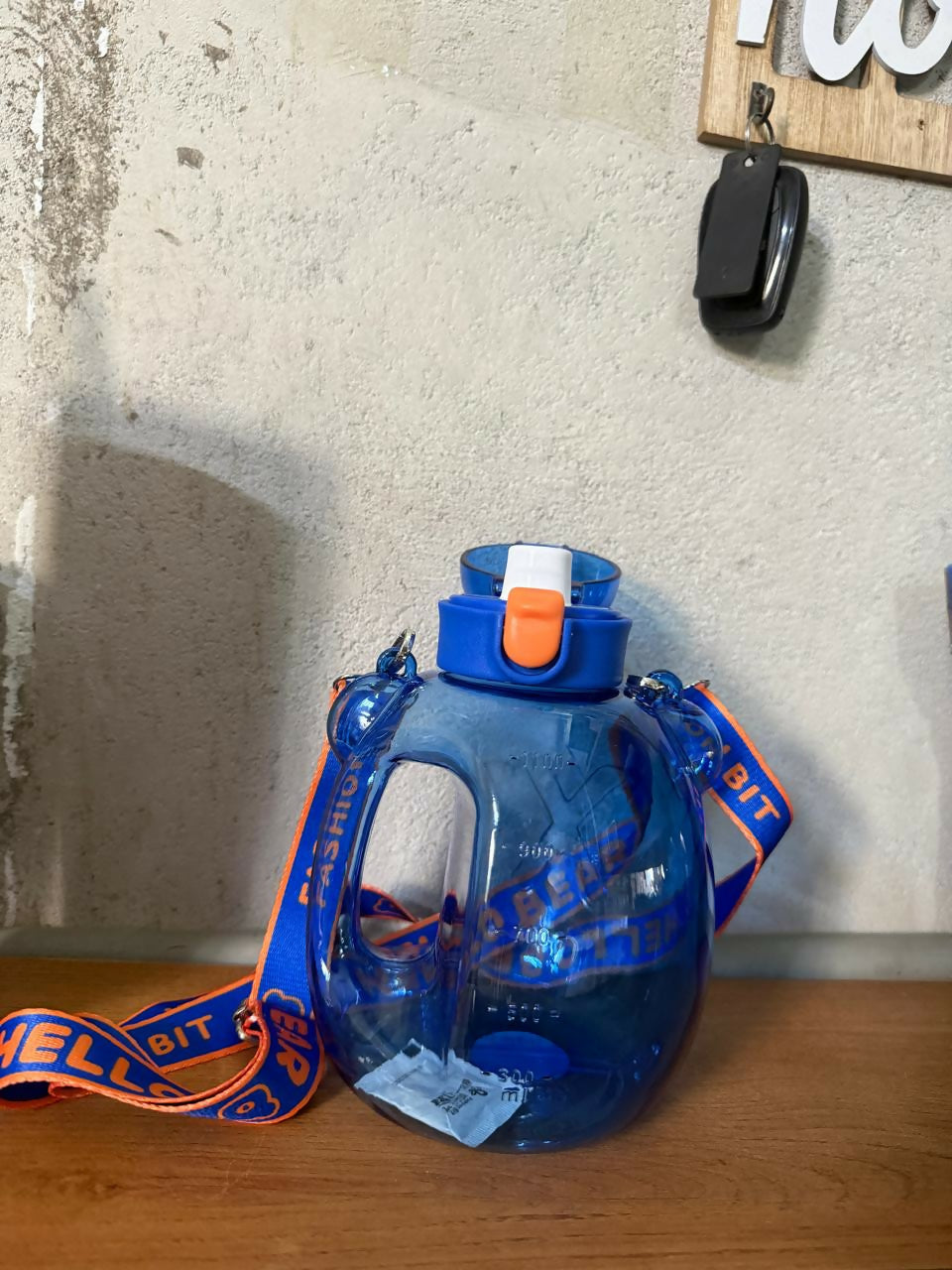Blue 1200 ML Kids Bear Water Bottle with Straw & Adjustable Sling Strap