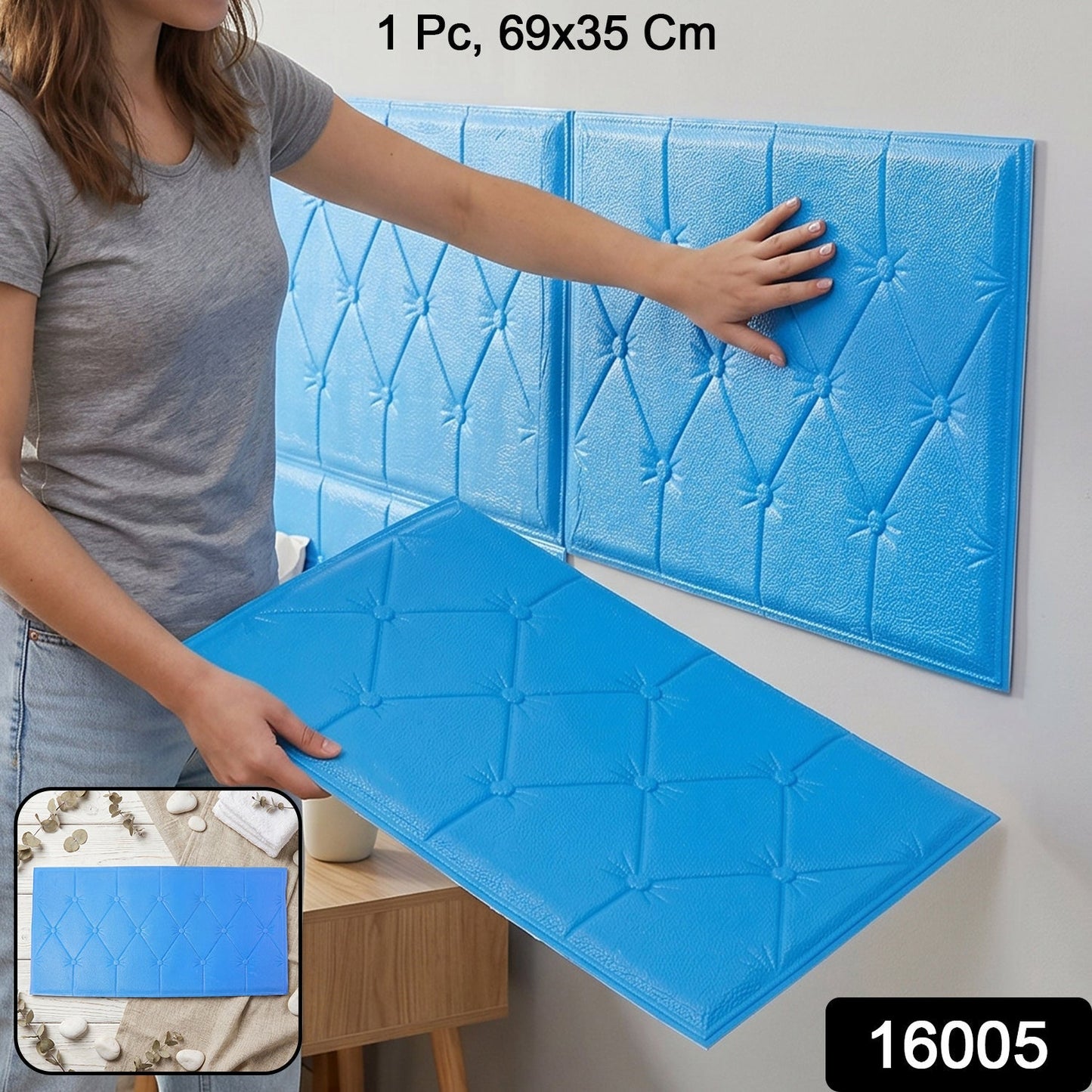 Self Adhesive 3D Foam Wall Panel Cushion Wallpaper (1 Pc, Blue, 69x35 Cm)
