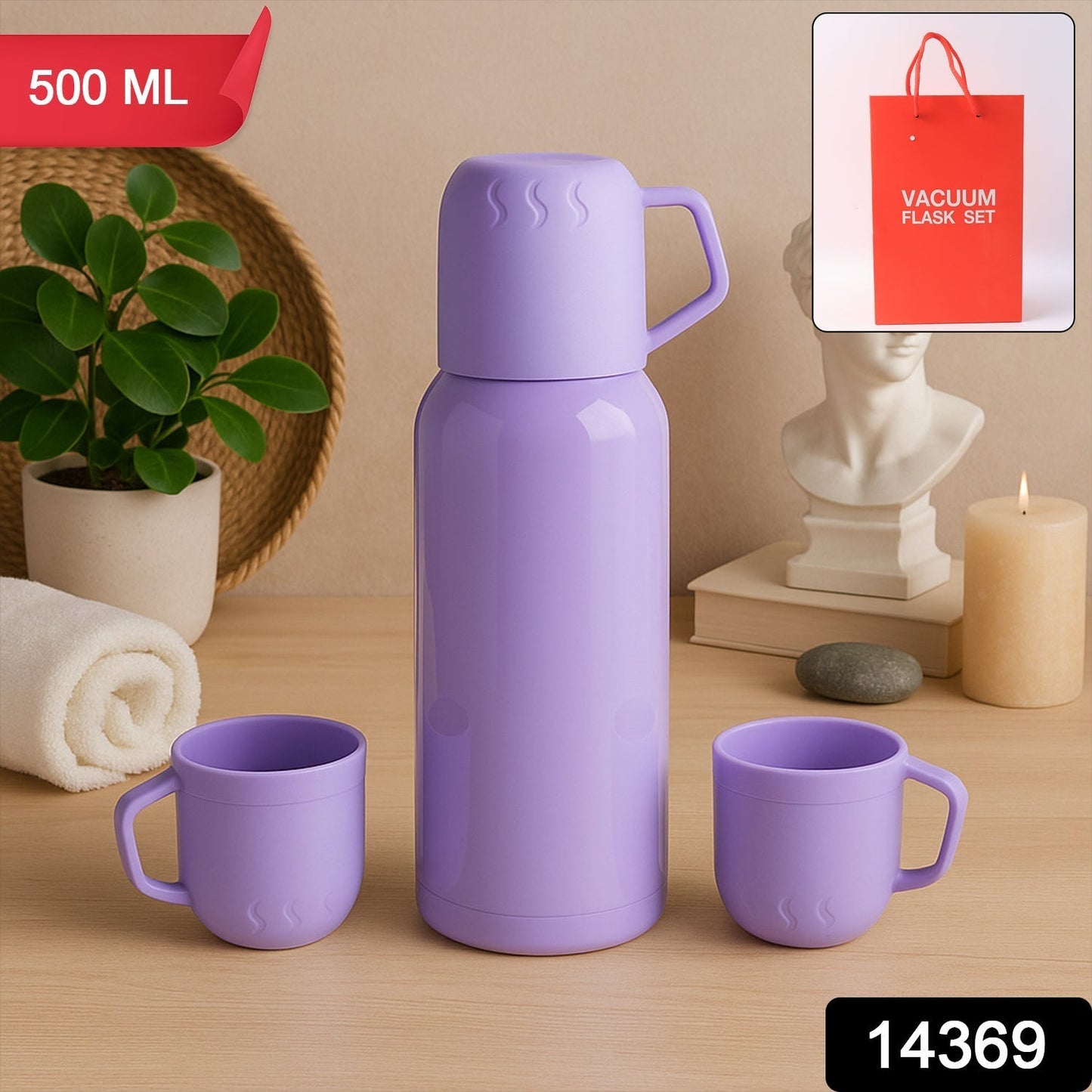 Purple Vacuum Flask Set â€“ Stainless Steel Thermos with 3 Cups, Approx 500ml