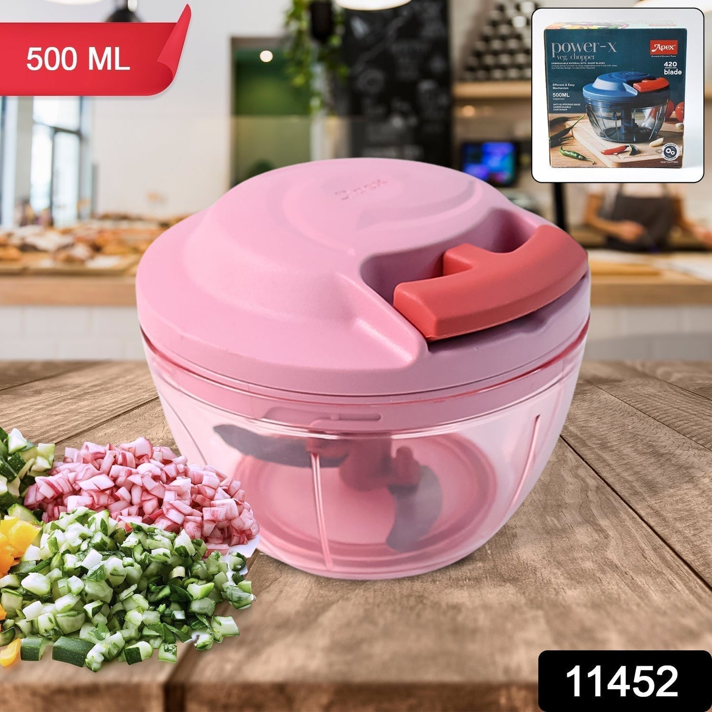 Apex Power-X Triple Stainless Steel Blades and Hand-Pull Vegetable Chopper (500Ml)