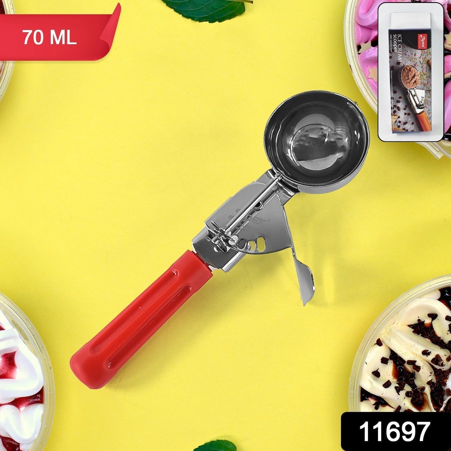 Apex Ice Cream Scoop â€“ 70 ML Stainless Steel Head with Ergonomic Handle (1 Pc)