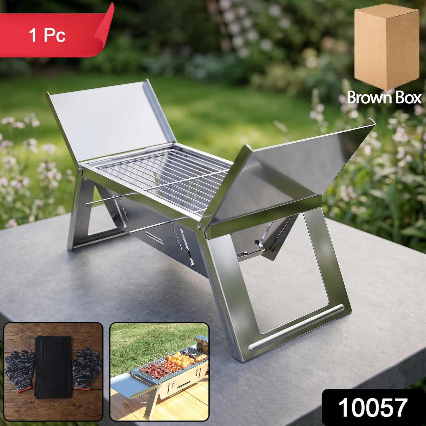 Portable Stainless Steel Foldable Barbecue Grill (1 Pc)