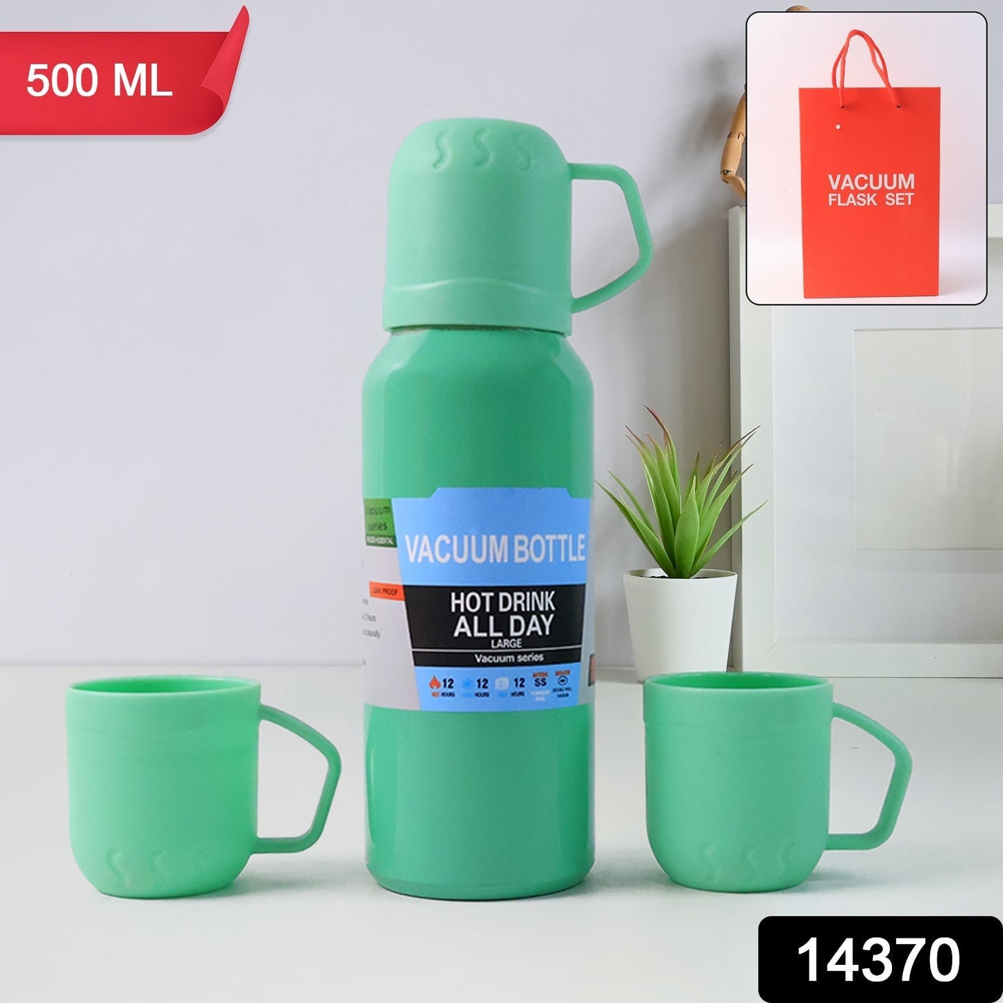 Green Vacuum Flask Set â€“ Stainless Steel Thermos with 3 Cups, Approx 500ml