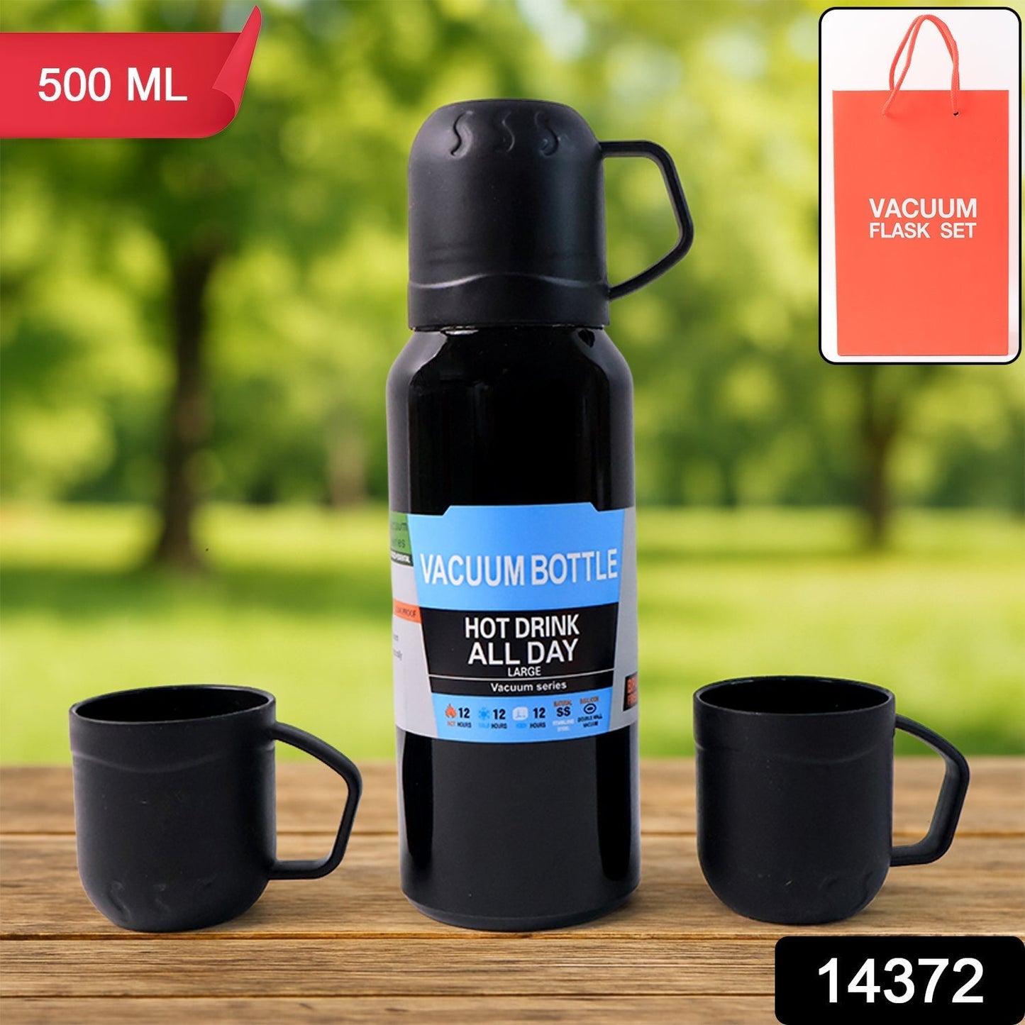 Black Vacuum Flask Set â€“ Stainless Steel Thermos with 3 Cups, Approx 500ml