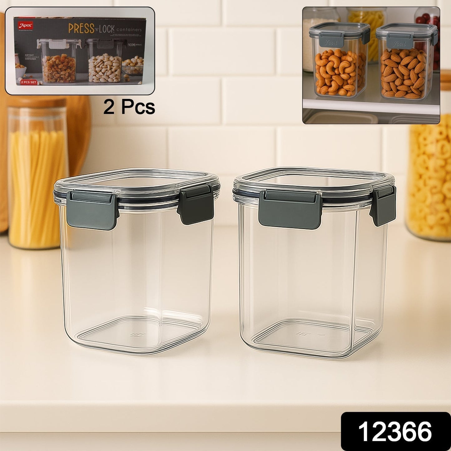 Apex Press Nâ€™ Lock Airtight Food Storage Container Set (2Pc/900ml) Approx