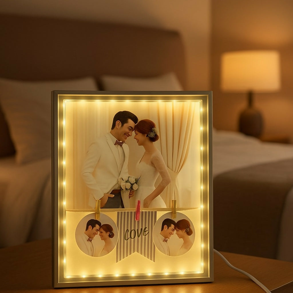 Rectangular LED Photo Frame Lamp with Love Design | Romantic Couple Night Light with Customized Pictures | Wedding Anniversary Valentine Gift Decorative Table Lamp for Bedroom & Home DÃ©cor