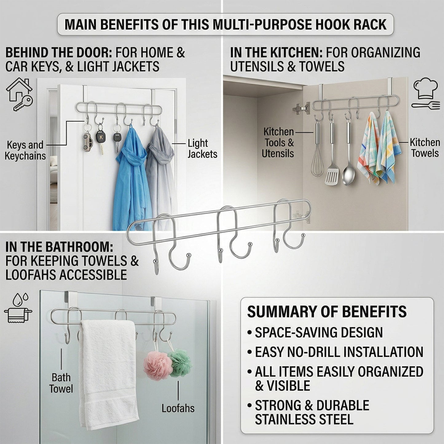 Premium Wall Mounted Metal Multi Hook Rack 1 Pc