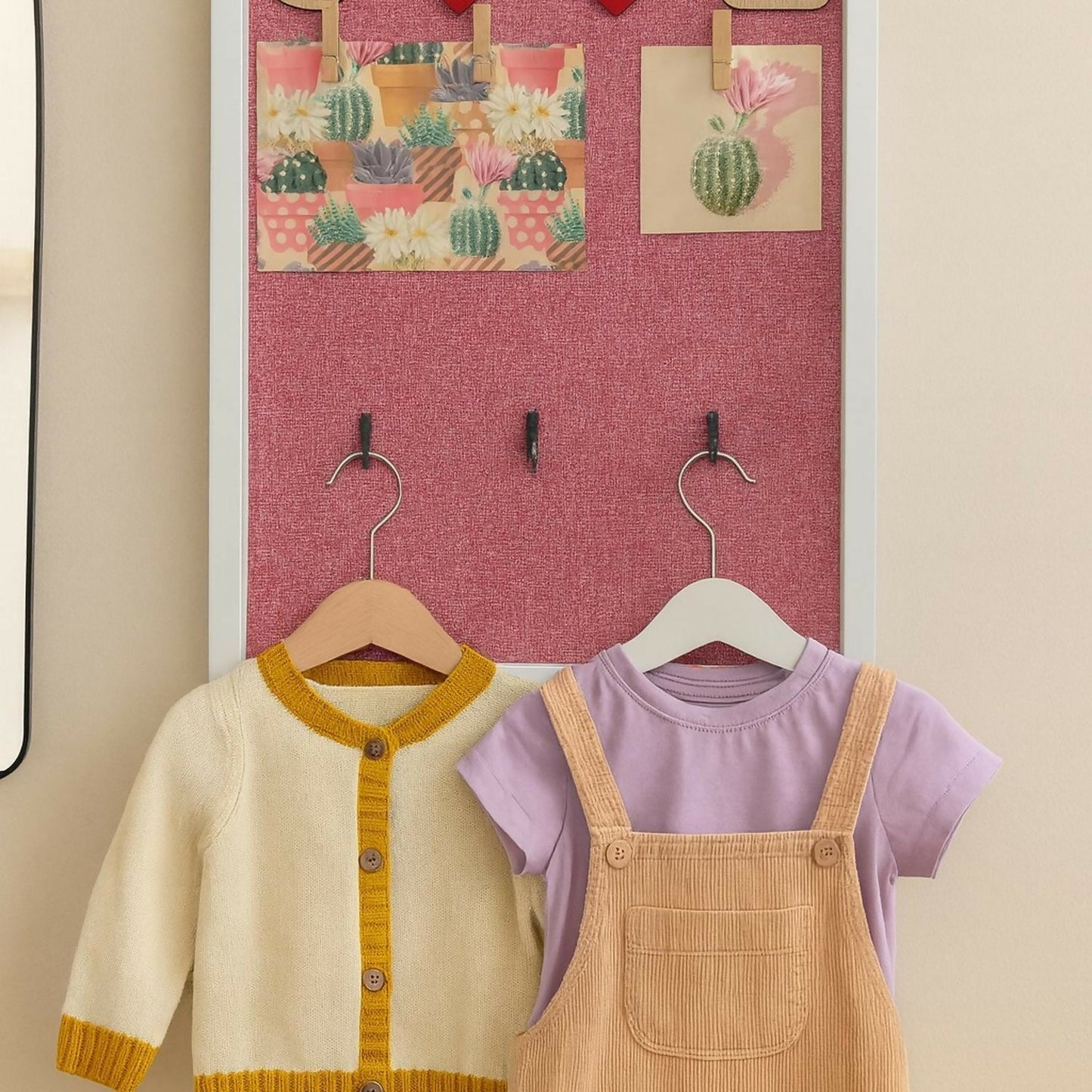 Decorative Wooden Wall Hanging Key Holder with 3 Hooks, Love Lettering & Cactus Print â€“ Stylish Wall Organizer for Home, Bedroom & Living Room â€“ Modern Wall DÃ©cor Key Hanger Frame (Pink, White Frame)
