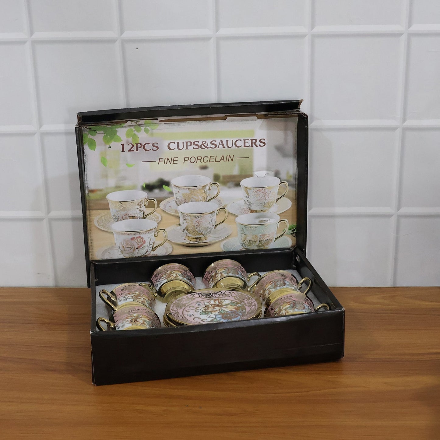 Premium Floral Porcelain Tea Cup and Saucer Set (12 Pc Set)