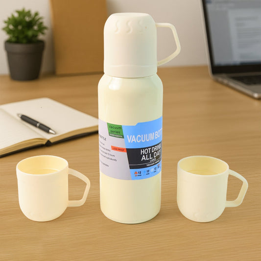 White Vacuum Flask Set â€“ Stainless Steel Thermos with 3 Cups, Approx 500ml