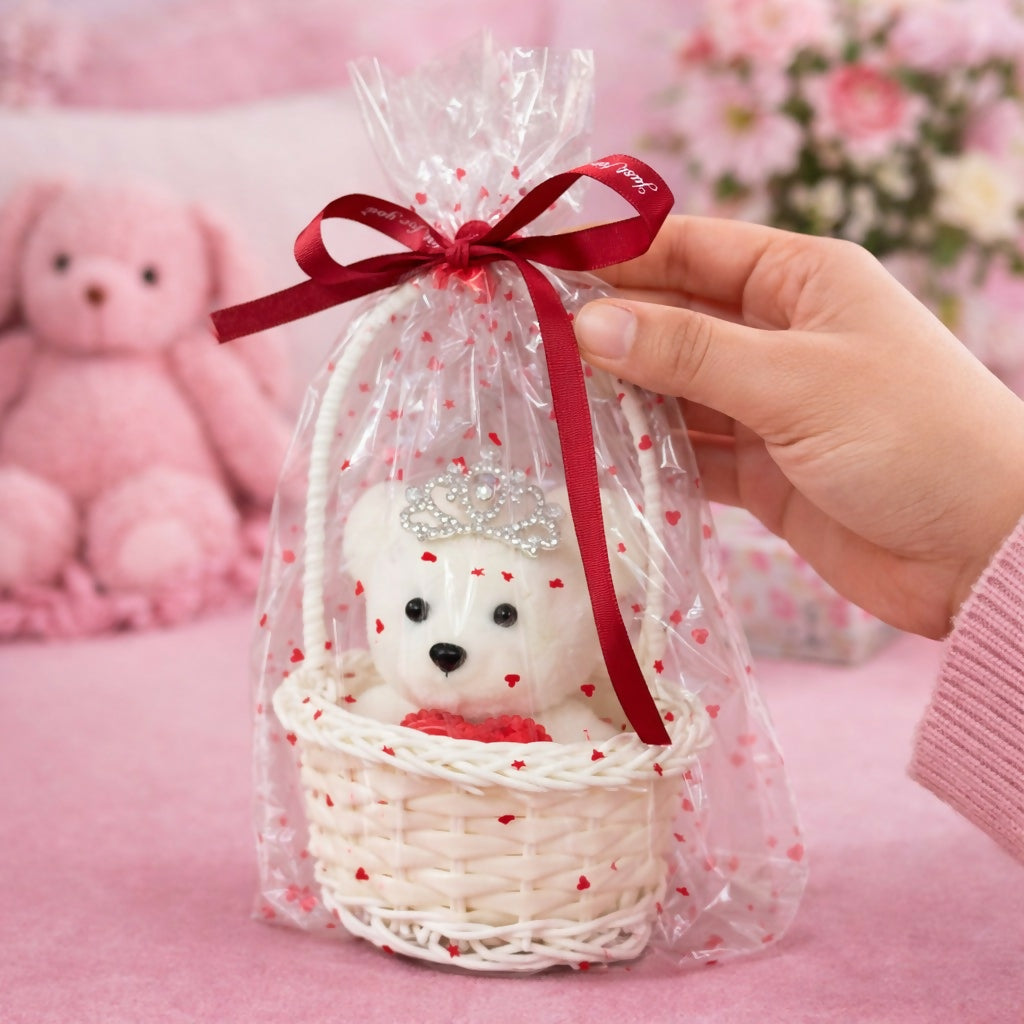 White Cute Teddy Basket Gift Set with Crown Decorative Showpiece
