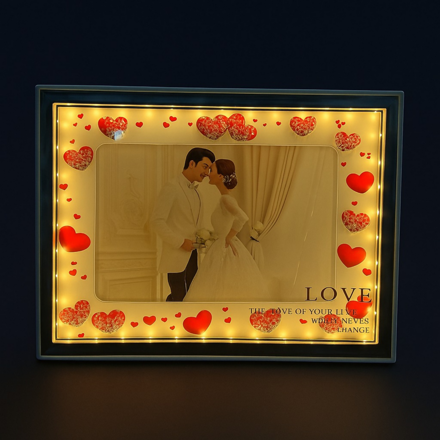 Romantic Heart-Themed LED Photo Frame for Couples | Warm Light Illuminated 5x7 Picture Frame with Red Heart Decorations | Anniversary, Wedding & Valentine Gift for Partner | Tabletop Decorative Night Lamp â€“ USB Powered