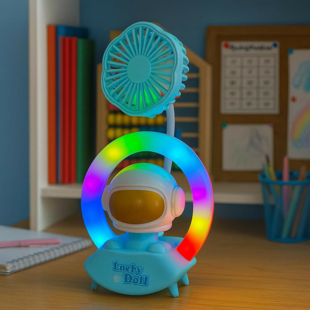 Blue Astronaut Desk Fan with LED Ring Light USB Table Lamp