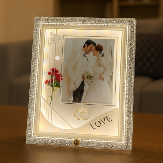 Crystal White LED Wedding Photo Frame | Elegant Square Illuminated Picture Frame with Decorative Floral Design & Rings | 4x6 Inch Couple Photo Frame | Romantic Gift for Wedding, Anniversary, Valentineâ€™s Day & Home DÃ©cor