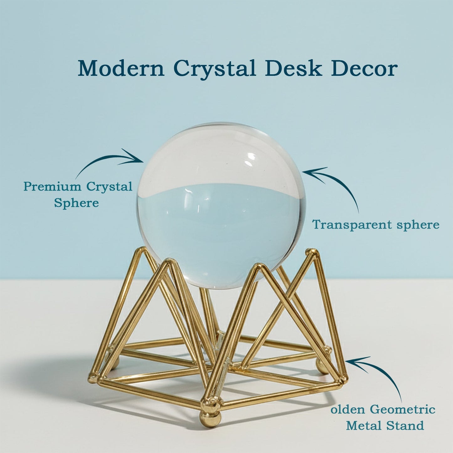 Decorative Crystal Ball with Premium Golden Geometric Stand for Home Office Desk | Clear Glass Sphere Showpiece for Table Decoration, Vastu, Meditation, Feng Shui, Gifting | Modern Luxury Home DÃ©cor Ornament