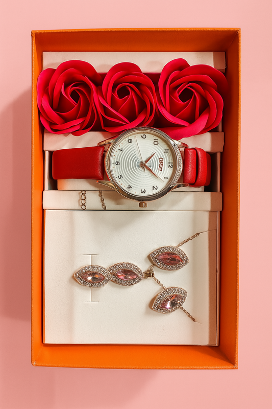 Luxury Red Watch & Rose Gold Jewelry Gift Set for Women â€“ Elegant Analog Watch with Red Strap, Pink Stone Earrings & Pendant, Artificial Roses in Premium Gift Box | Birthday, Anniversary & Festive Combo